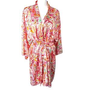 LAUREN RALPH LAUREN NWT Womens XL Satin Silky Robe Pink Paisley Belt Knee Length